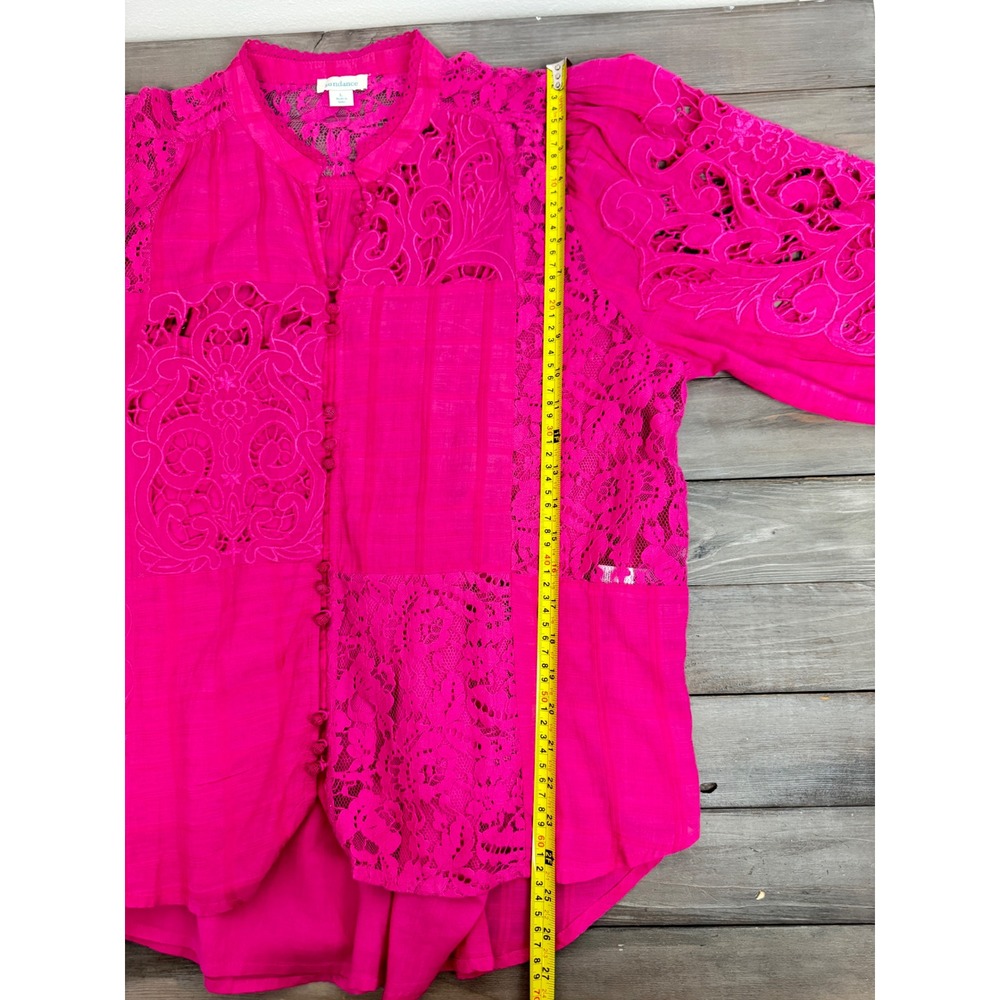 Sundance Garbo Pink Lace Patchwork Blouse Fuchsia Eyelet Button Front Top Large - Picture 8 of 8